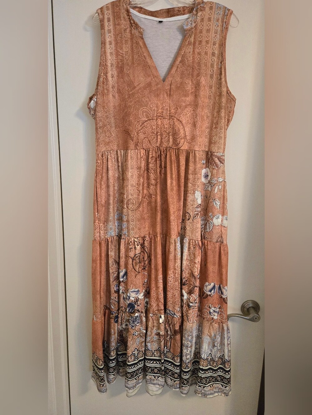 Bohemian Orange Tiered Maxi Dress With Floral Paisley Print
